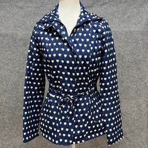 SHEGGY Women's Navy Blue White Heart Print Lightweight Jacket Size M Tie Waist